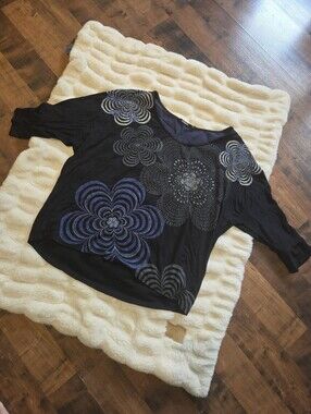 Desigual [Medium] Blue Black Floral Print Top Mixed Media Embroidered Top
